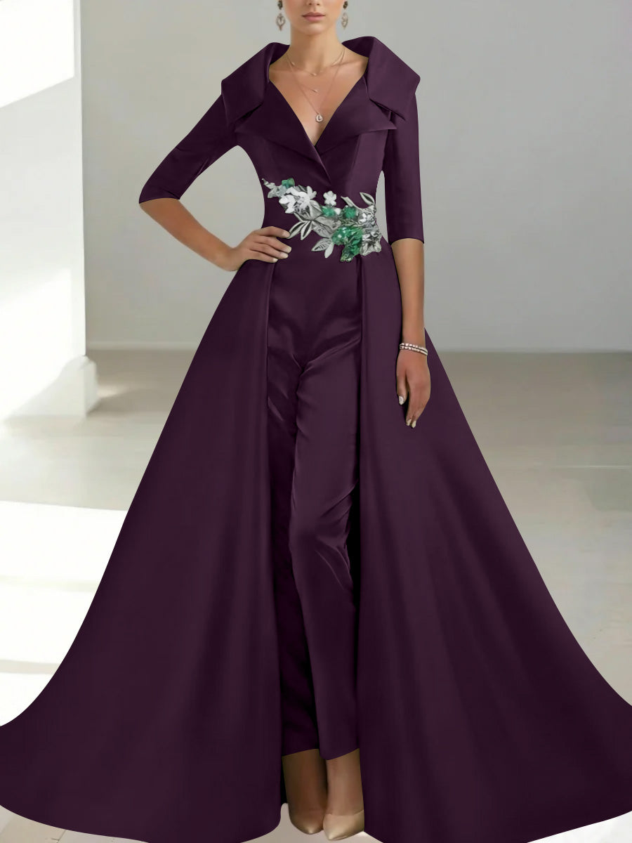 A-Line/Princess Shirt Collar Satin Mother of the Bride Jumpsuit Overskirt Floral Sequins Pocket Half Sleeves Floor-Length