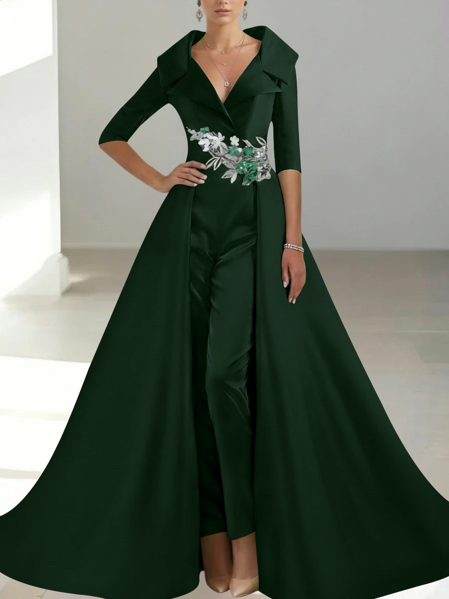 A-Line/Princess Shirt Collar Satin Mother of the Bride Jumpsuit Overskirt Floral Sequins Pocket Half Sleeves Floor-Length