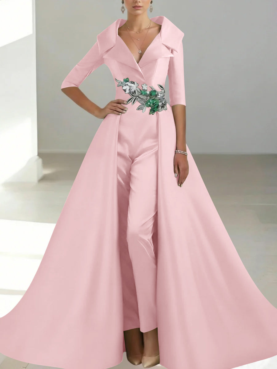 A-Line/Princess Shirt Collar Satin Mother of the Bride Jumpsuit Overskirt Floral Sequins Pocket Half Sleeves Floor-Length