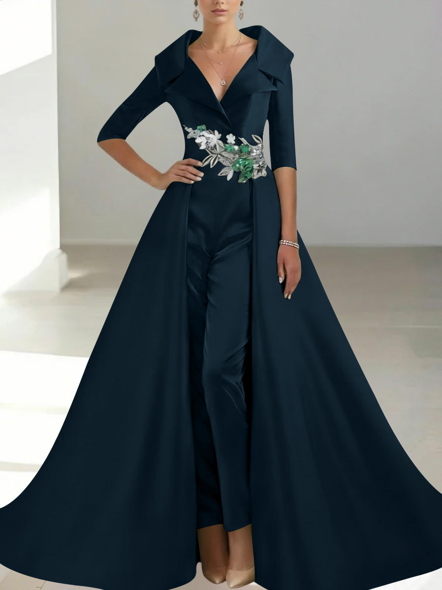 A-Line/Princess Shirt Collar Satin Mother of the Bride Jumpsuit Overskirt Floral Sequins Pocket Half Sleeves Floor-Length