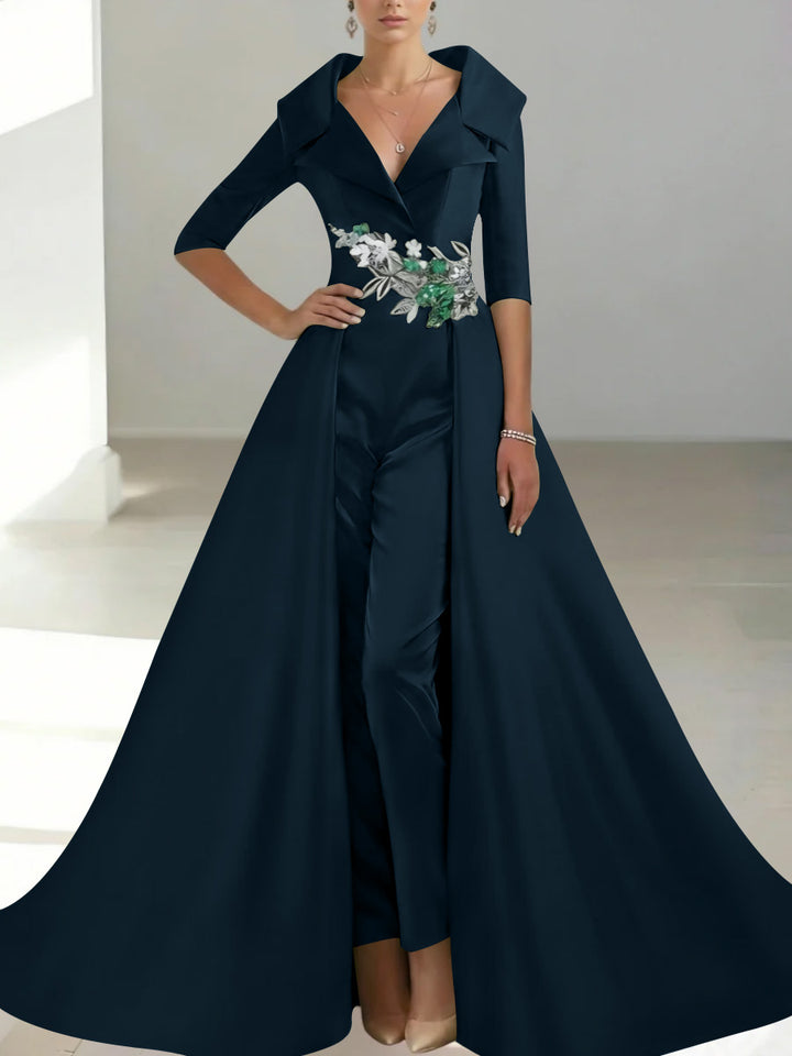 A-Line/Princess Shirt Collar Satin Mother of the Bride Jumpsuit Overskirt Floral Sequins Pocket Half Sleeves Floor-Length