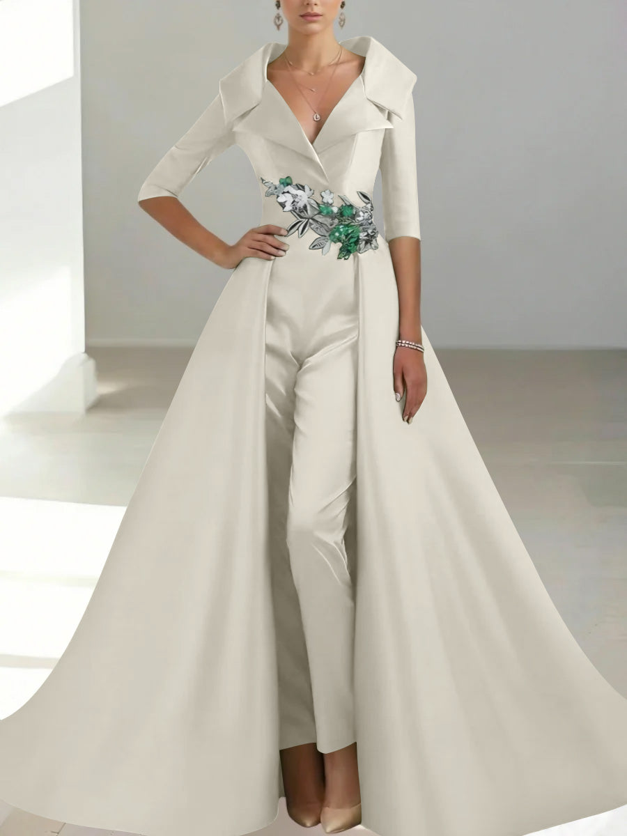 A-Line/Princess Shirt Collar Satin Mother of the Bride Jumpsuit Overskirt Floral Sequins Pocket Half Sleeves Floor-Length