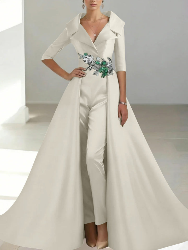A-Line/Princess Shirt Collar Satin Mother of the Bride Jumpsuit Overskirt Floral Sequins Pocket Half Sleeves Floor-Length
