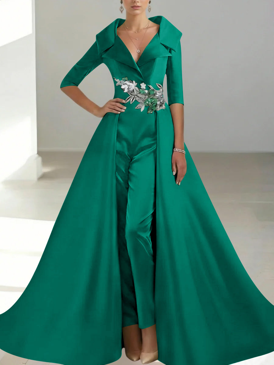 A-Line/Princess Shirt Collar Satin Mother of the Bride Jumpsuit Overskirt Floral Sequins Pocket Half Sleeves Floor-Length