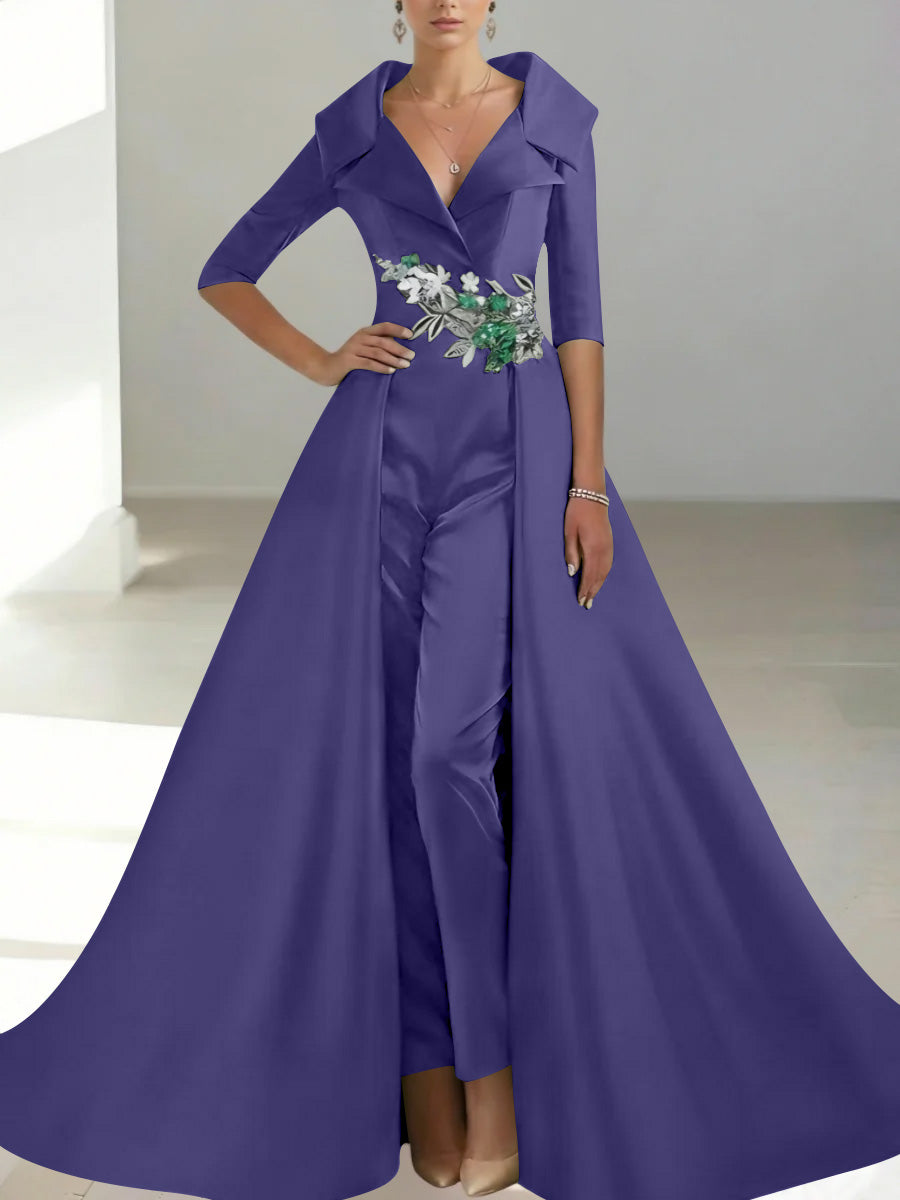 A-Line/Princess Shirt Collar Satin Mother of the Bride Jumpsuit Overskirt Floral Sequins Pocket Half Sleeves Floor-Length