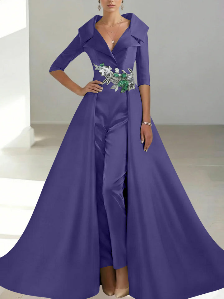 A-Line/Princess Shirt Collar Satin Mother of the Bride Jumpsuit Overskirt Floral Sequins Pocket Half Sleeves Floor-Length