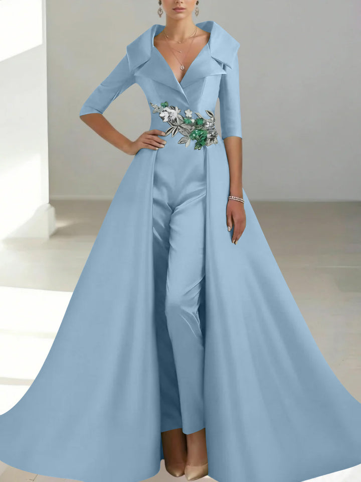 A-Line/Princess Shirt Collar Satin Mother of the Bride Jumpsuit Overskirt Floral Sequins Pocket Half Sleeves Floor-Length