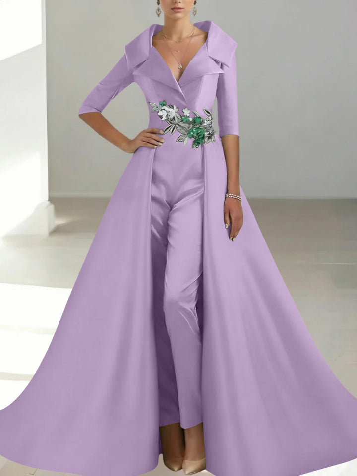 A-Line/Princess Shirt Collar Satin Mother of the Bride Jumpsuit Overskirt Floral Sequins Pocket Half Sleeves Floor-Length