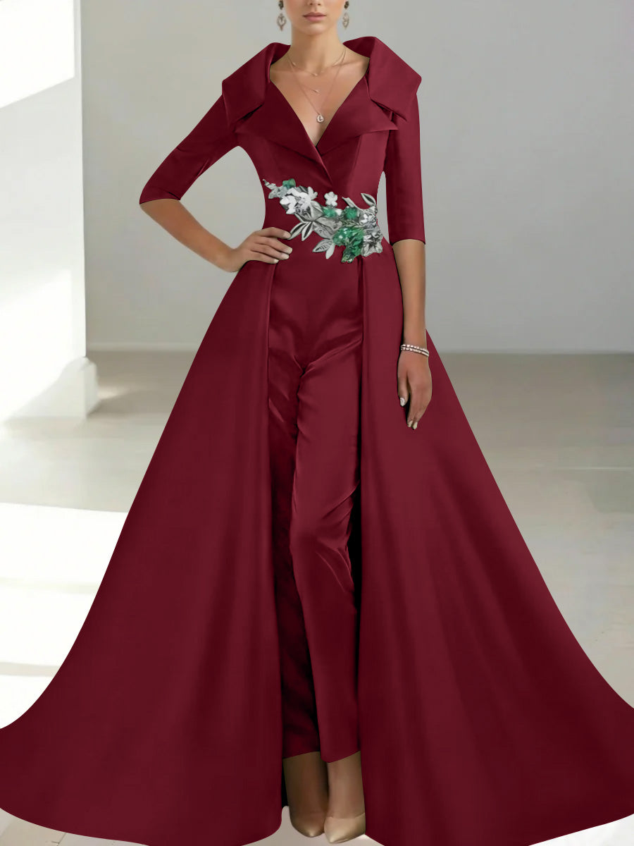 A-Line/Princess Shirt Collar Satin Mother of the Bride Jumpsuit Overskirt Floral Sequins Pocket Half Sleeves Floor-Length
