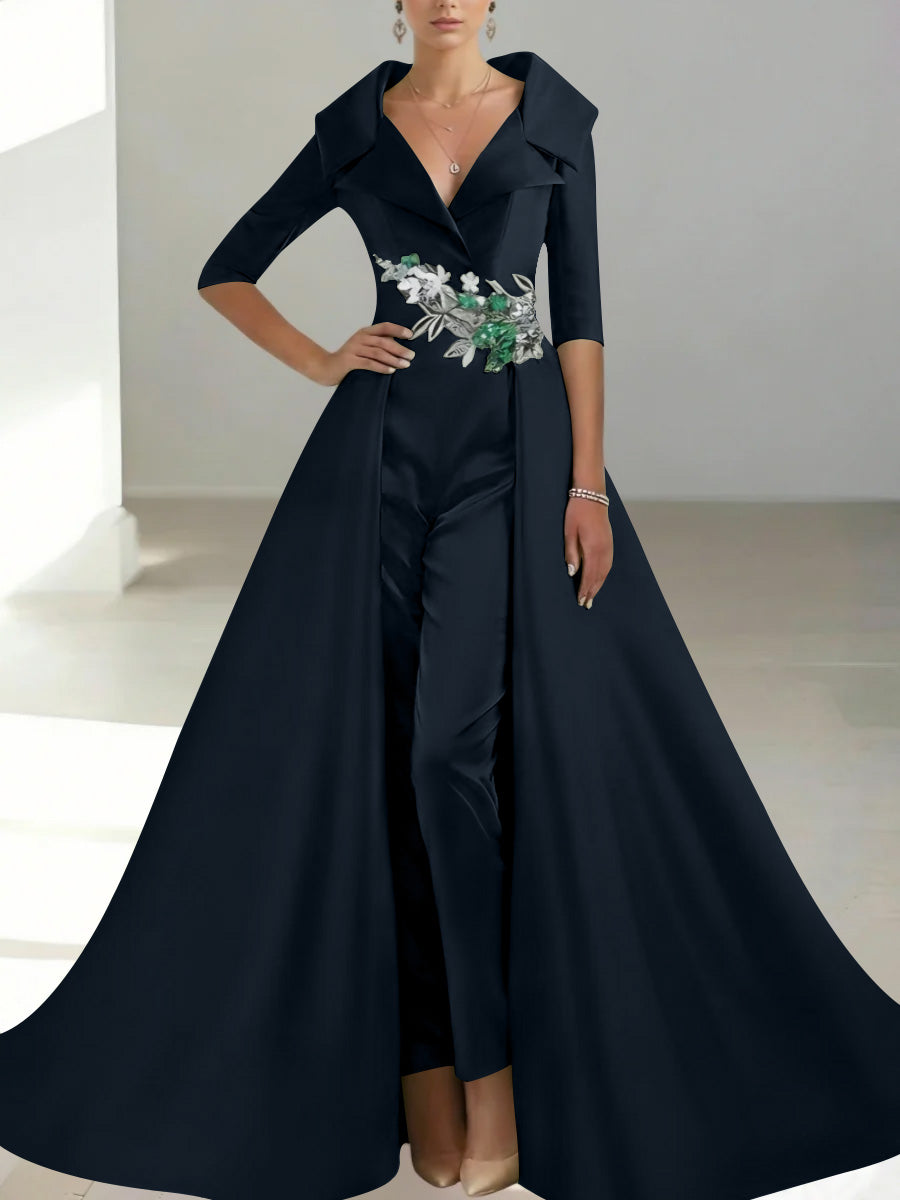 A-Line/Princess Shirt Collar Satin Mother of the Bride Jumpsuit Overskirt Floral Sequins Pocket Half Sleeves Floor-Length