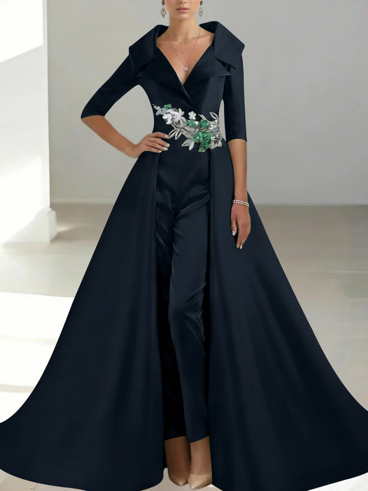 A-Line/Princess Shirt Collar Satin Mother of the Bride Jumpsuit Overskirt Floral Sequins Pocket Half Sleeves Floor-Length