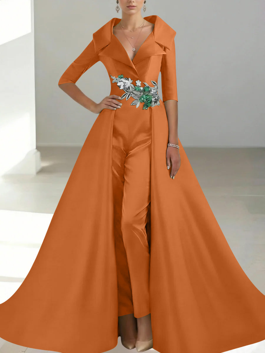 A-Line/Princess Shirt Collar Satin Mother of the Bride Jumpsuit Overskirt Floral Sequins Pocket Half Sleeves Floor-Length
