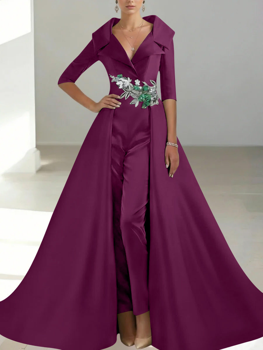 A-Line/Princess Shirt Collar Satin Mother of the Bride Jumpsuit Overskirt Floral Sequins Pocket Half Sleeves Floor-Length