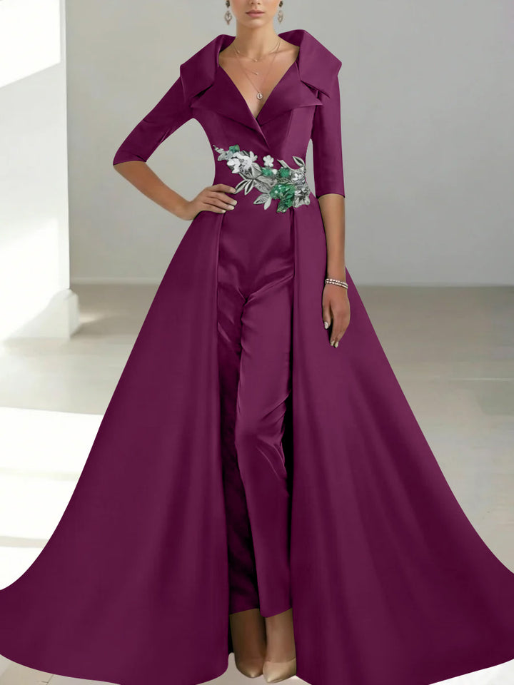 A-Line/Princess Shirt Collar Satin Mother of the Bride Jumpsuit Overskirt Floral Sequins Pocket Half Sleeves Floor-Length