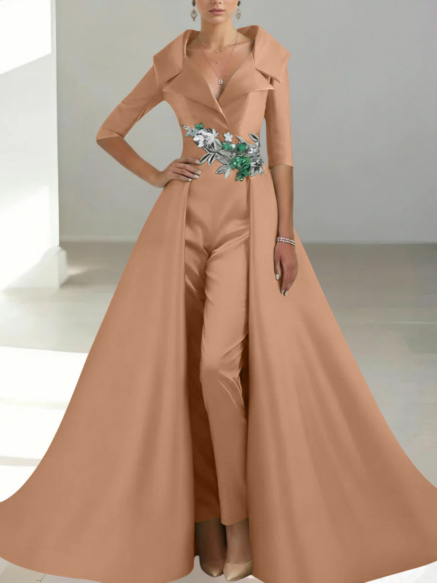 A-Line/Princess Shirt Collar Satin Mother of the Bride Jumpsuit Overskirt Floral Sequins Pocket Half Sleeves Floor-Length