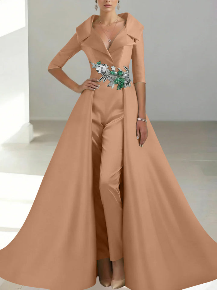 A-Line/Princess Shirt Collar Satin Mother of the Bride Jumpsuit Overskirt Floral Sequins Pocket Half Sleeves Floor-Length