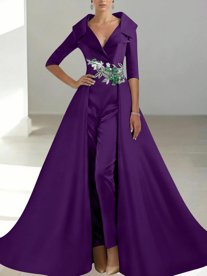 A-Line/Princess Shirt Collar Satin Mother of the Bride Jumpsuit Overskirt Floral Sequins Pocket Half Sleeves Floor-Length