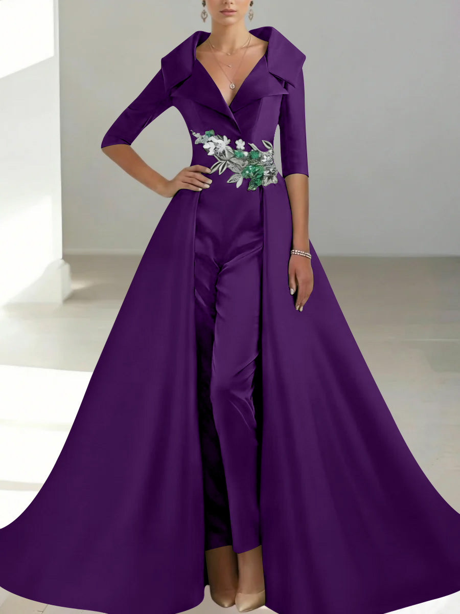 A-Line/Princess Shirt Collar Satin Mother of the Bride Jumpsuit Overskirt Floral Sequins Pocket Half Sleeves Floor-Length