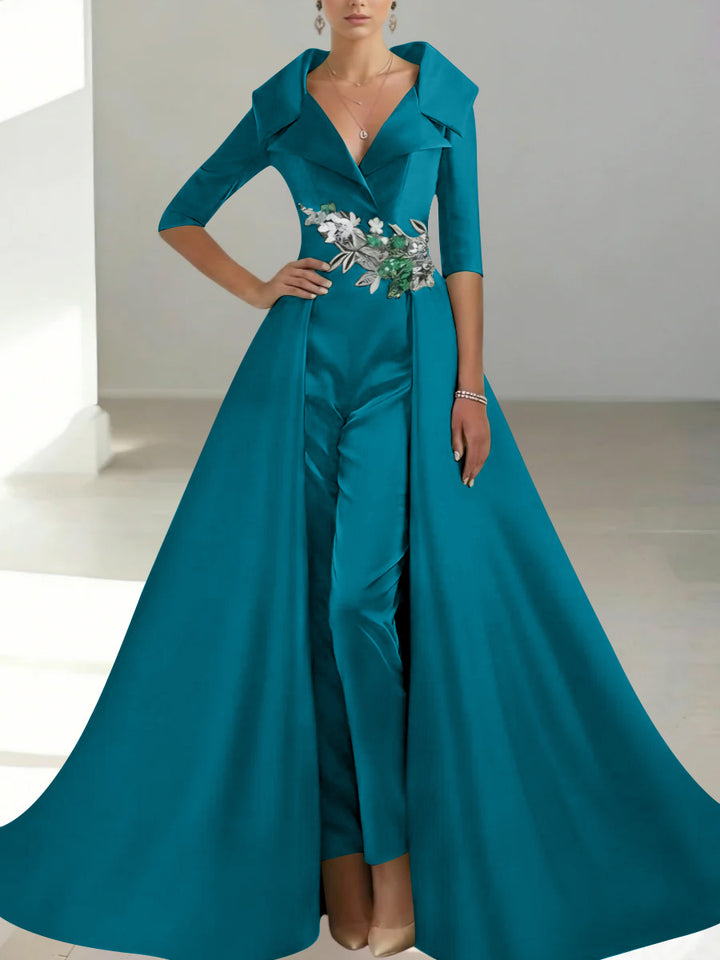 A-Line/Princess Shirt Collar Satin Mother of the Bride Jumpsuit Overskirt Floral Sequins Pocket Half Sleeves Floor-Length