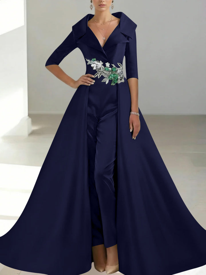A-Line/Princess Shirt Collar Satin Mother of the Bride Jumpsuit Overskirt Floral Sequins Pocket Half Sleeves Floor-Length