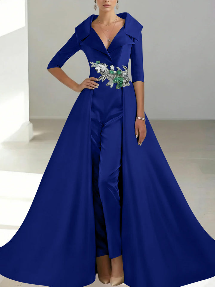 A-Line/Princess Shirt Collar Satin Mother of the Bride Jumpsuit Overskirt Floral Sequins Pocket Half Sleeves Floor-Length