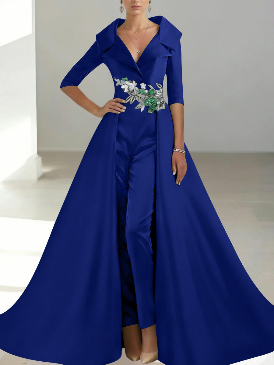 A-Line/Princess Shirt Collar Satin Mother of the Bride Jumpsuit Overskirt Floral Sequins Pocket Half Sleeves Floor-Length