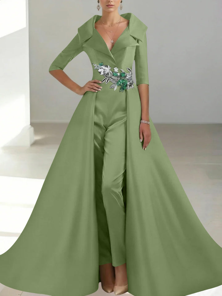 A-Line/Princess Shirt Collar Satin Mother of the Bride Jumpsuit Overskirt Floral Sequins Pocket Half Sleeves Floor-Length