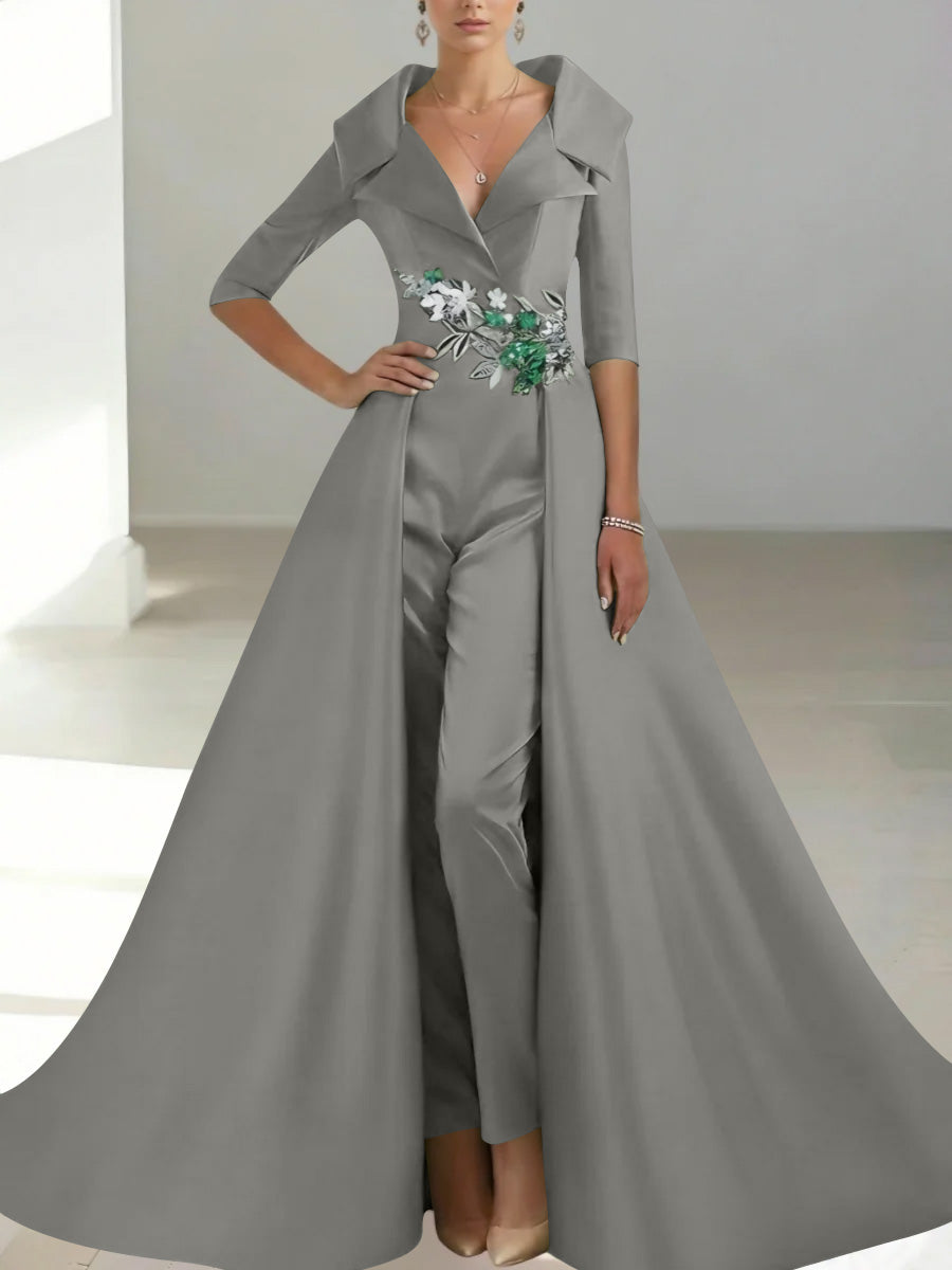 A-Line/Princess Shirt Collar Satin Mother of the Bride Jumpsuit Overskirt Floral Sequins Pocket Half Sleeves Floor-Length