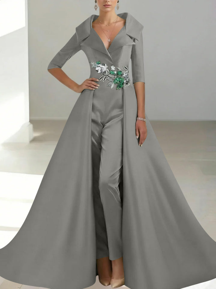 A-Line/Princess Shirt Collar Satin Mother of the Bride Jumpsuit Overskirt Floral Sequins Pocket Half Sleeves Floor-Length