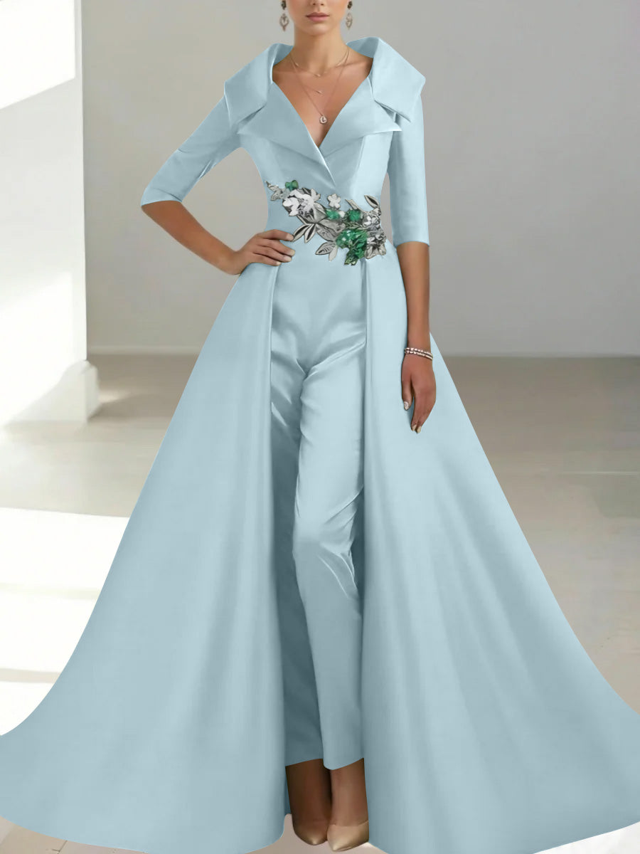 A-Line/Princess Shirt Collar Satin Mother of the Bride Jumpsuit Overskirt Floral Sequins Pocket Half Sleeves Floor-Length