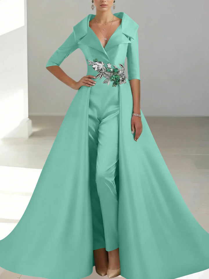 A-Line/Princess Shirt Collar Satin Mother of the Bride Jumpsuit Overskirt Floral Sequins Pocket Half Sleeves Floor-Length