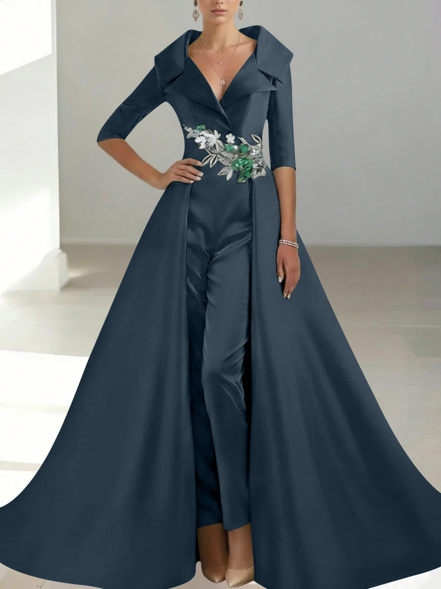A-Line/Princess Shirt Collar Satin Mother of the Bride Jumpsuit Overskirt Floral Sequins Pocket Half Sleeves Floor-Length
