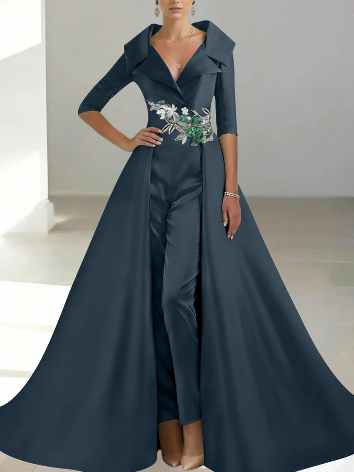 A-Line/Princess Shirt Collar Satin Mother of the Bride Jumpsuit Overskirt Floral Sequins Pocket Half Sleeves Floor-Length