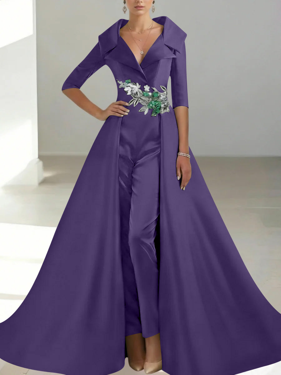 A-Line/Princess Shirt Collar Satin Mother of the Bride Jumpsuit Overskirt Floral Sequins Pocket Half Sleeves Floor-Length