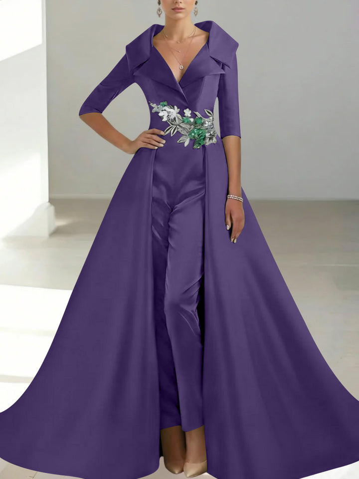A-Line/Princess Shirt Collar Satin Mother of the Bride Jumpsuit Overskirt Floral Sequins Pocket Half Sleeves Floor-Length