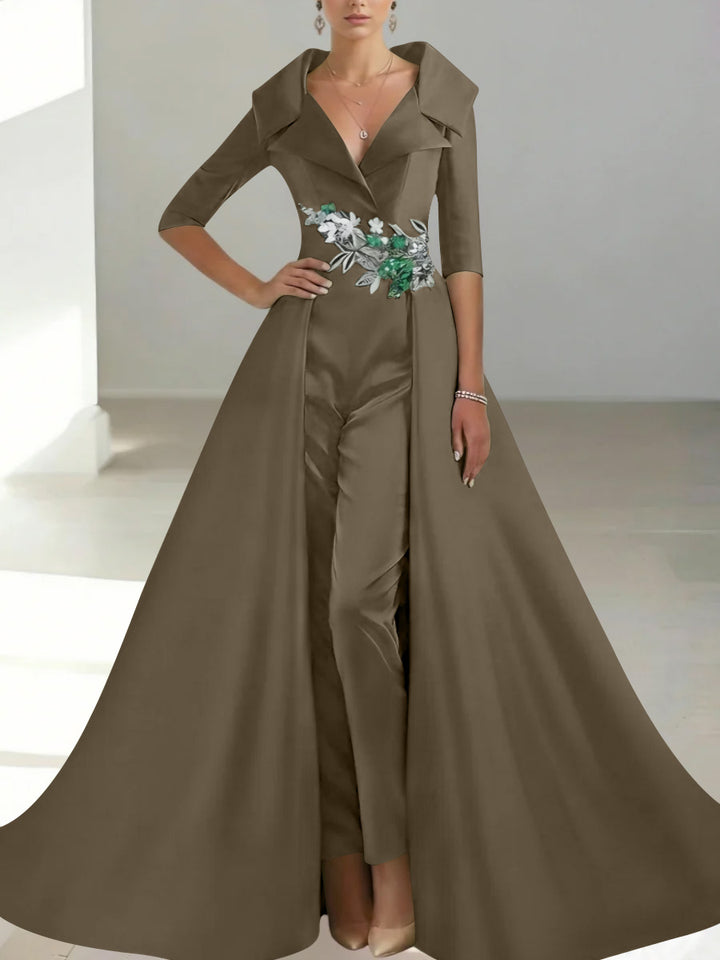 A-Line/Princess Shirt Collar Satin Mother of the Bride Jumpsuit Overskirt Floral Sequins Pocket Half Sleeves Floor-Length