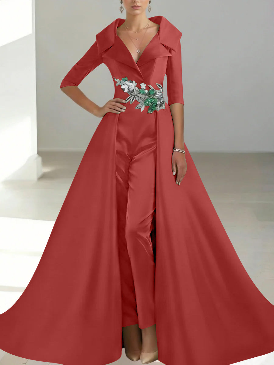 A-Line/Princess Shirt Collar Satin Mother of the Bride Jumpsuit Overskirt Floral Sequins Pocket Half Sleeves Floor-Length