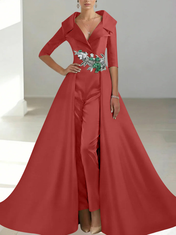 A-Line/Princess Shirt Collar Satin Mother of the Bride Jumpsuit Overskirt Floral Sequins Pocket Half Sleeves Floor-Length