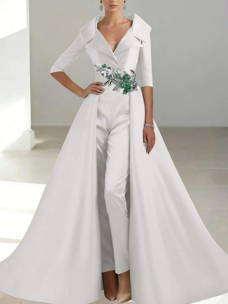 A-Line/Princess Shirt Collar Satin Mother of the Bride Jumpsuit Overskirt Floral Sequins Pocket Half Sleeves Floor-Length