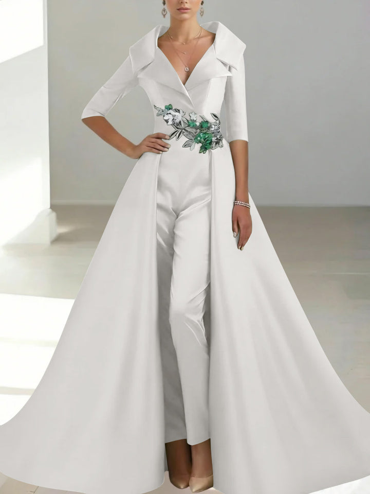 A-Line/Princess Shirt Collar Satin Mother of the Bride Jumpsuit Overskirt Floral Sequins Pocket Half Sleeves Floor-Length