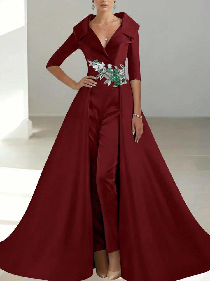 A-Line/Princess Shirt Collar Satin Mother of the Bride Jumpsuit Overskirt Floral Sequins Pocket Half Sleeves Floor-Length