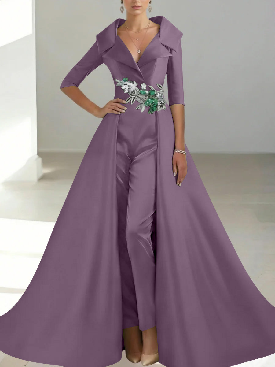 A-Line/Princess Shirt Collar Satin Mother of the Bride Jumpsuit Overskirt Floral Sequins Pocket Half Sleeves Floor-Length