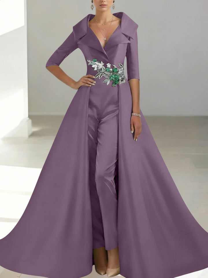A-Line/Princess Shirt Collar Satin Mother of the Bride Jumpsuit Overskirt Floral Sequins Pocket Half Sleeves Floor-Length
