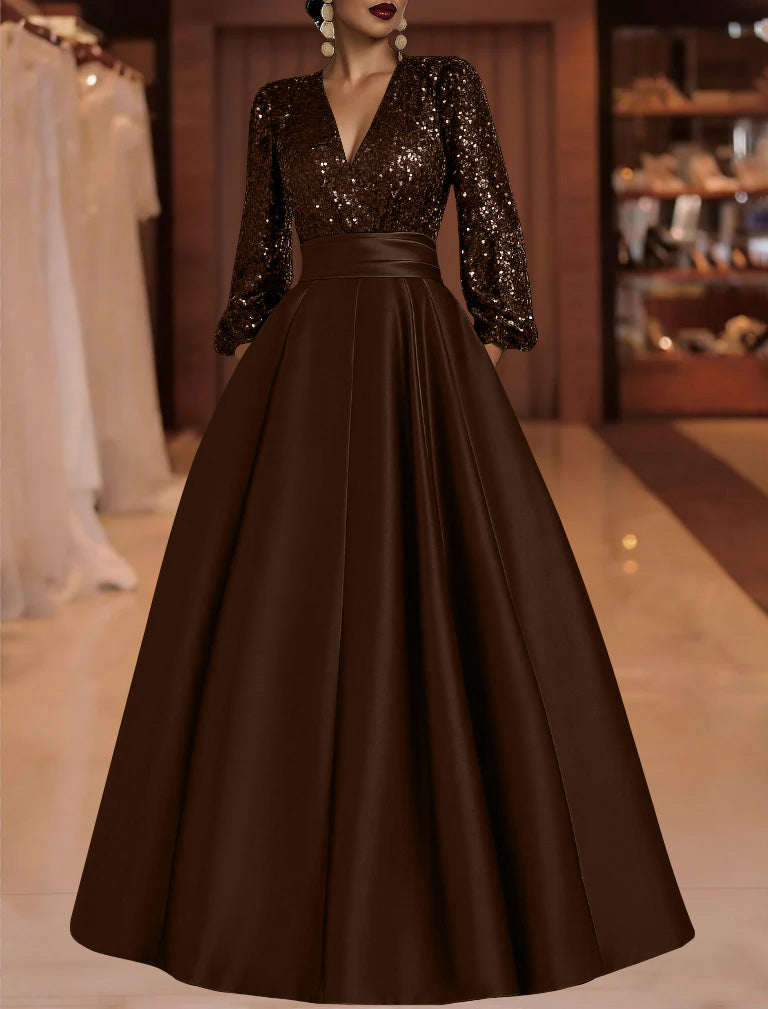 A-Line/Princess V-Neck Satin Mother of the Bride Dresses Sequins Pocket Long Sleeves Floor-Length