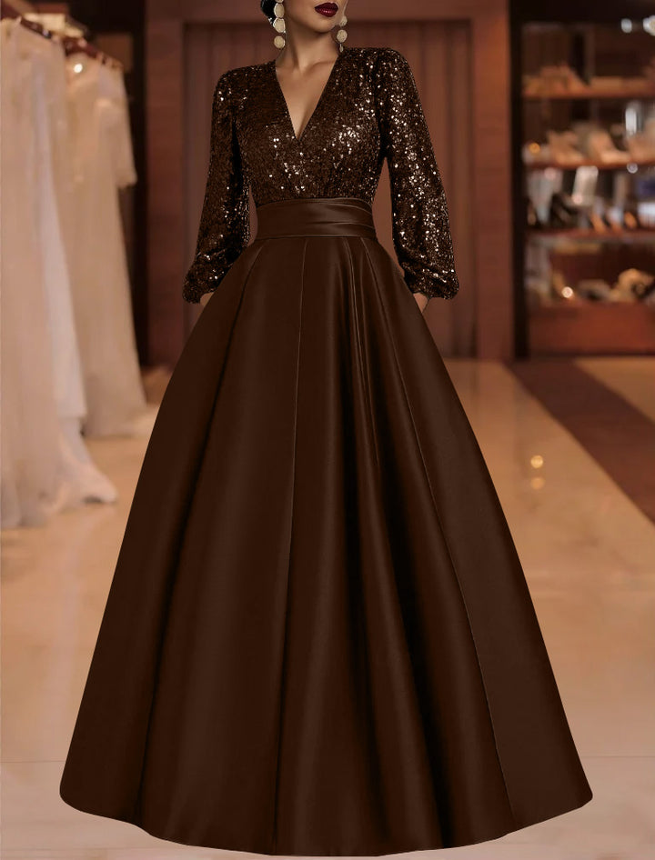 A-Line/Princess V-Neck Satin Mother of the Bride Dresses Sequins Pocket Long Sleeves Floor-Length