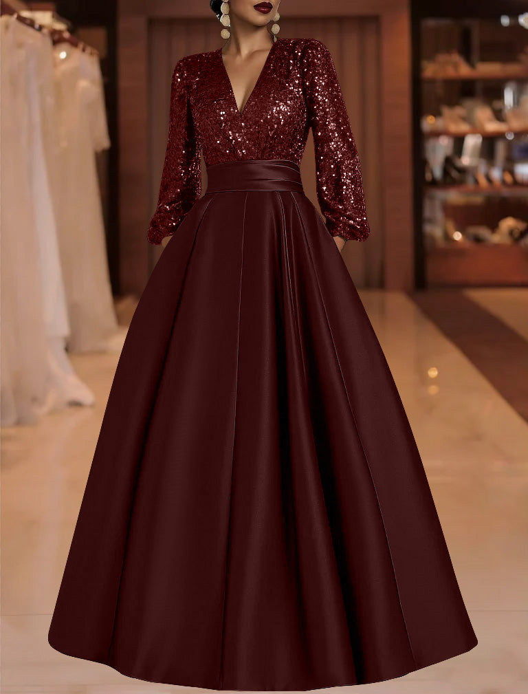 A-Line/Princess V-Neck Satin Mother of the Bride Dresses Sequins Pocket Long Sleeves Floor-Length Burgundy A-Line/Princess V-Neck Satin Mother of the Bride Dresses Sequins Pocket Long Sleeves Floor-Length Burgundy