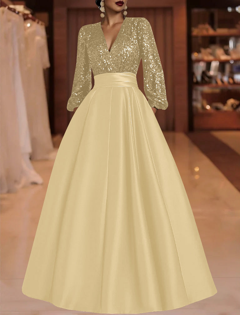 A-Line/Princess V-Neck Satin Mother of the Bride Dresses Sequins Pocket Long Sleeves Floor-Length