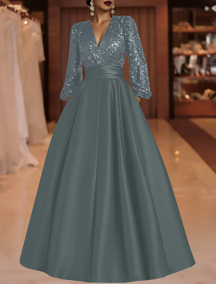 A-Line/Princess V-Neck Satin Mother of the Bride Dresses Sequins Pocket Long Sleeves Floor-Length