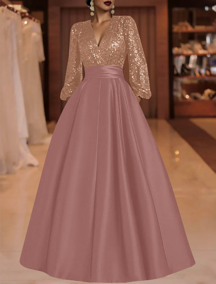 A-Line/Princess V-Neck Satin Mother of the Bride Dresses Sequins Pocket Long Sleeves Floor-Length