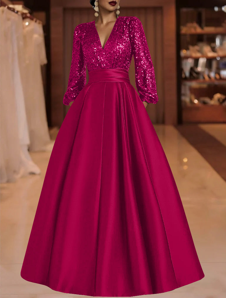 A-Line/Princess V-Neck Satin Mother of the Bride Dresses Sequins Pocket Long Sleeves Floor-Length